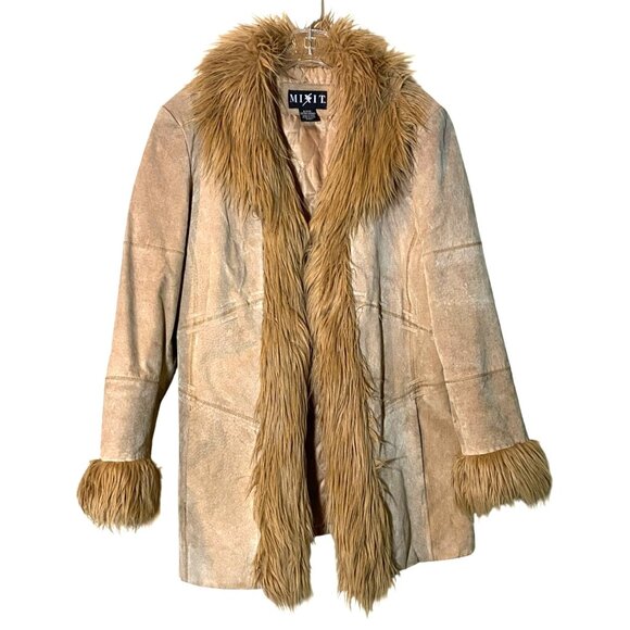 Vintage Mixit Penny Lane Womens XL Genuine Leather Tan Coat With Faux Fur Y2K - Picture 1 of 12